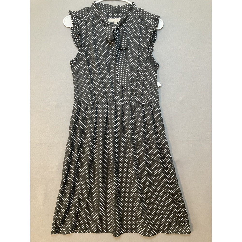 Loft Polka Dot Tie Neckline Flare Dress NWT Size 4 Flutter Sleeve Preppy Office